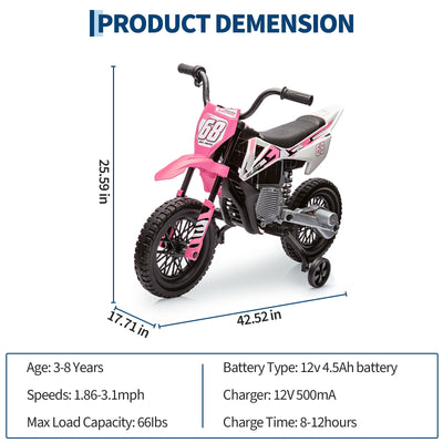 Garvee Ride - P Series: 12V Kids Electric Dirt Bike, 25W*2 Motor, Twist Grip Throttle, Spring Suspension, Training Wheels, Ride-On Toy - Pink