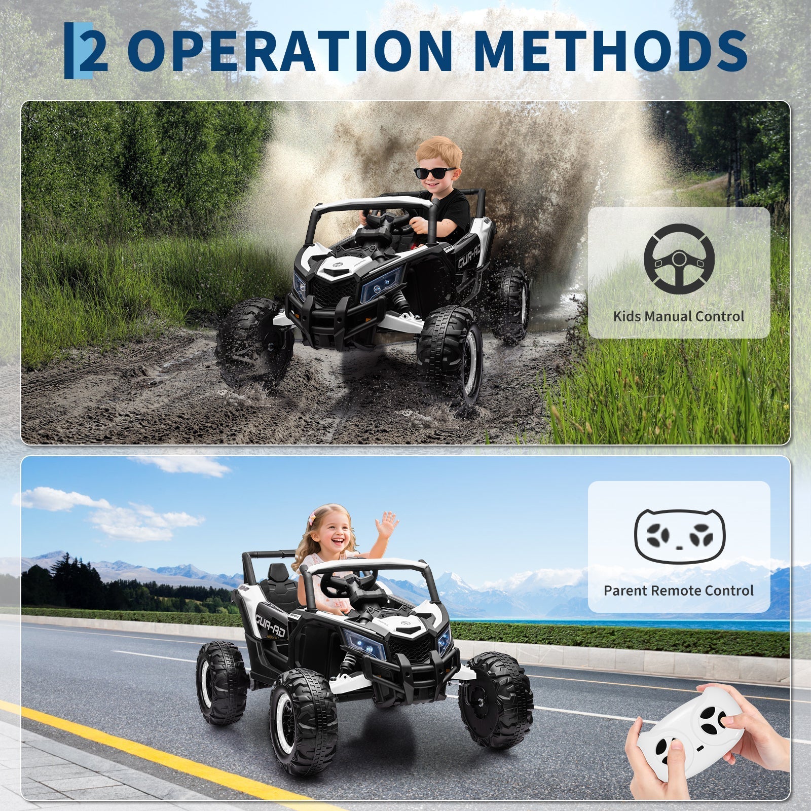 Garvee Ride - P Series: 24V Ride-On UTV, 200W Motor, Remote Control, Spring Suspension, Music, LED Lights, Electric Car for Boys Girls, Outdoor Adventure Toy White