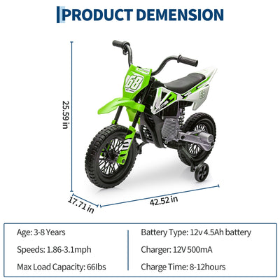 Garvee Ride - P Series: 12V Kids Electric Dirt Bike, 25W*2 Motor, Twist Grip Throttle, Spring Suspension, Training Wheels, Ride-On Toy - Green