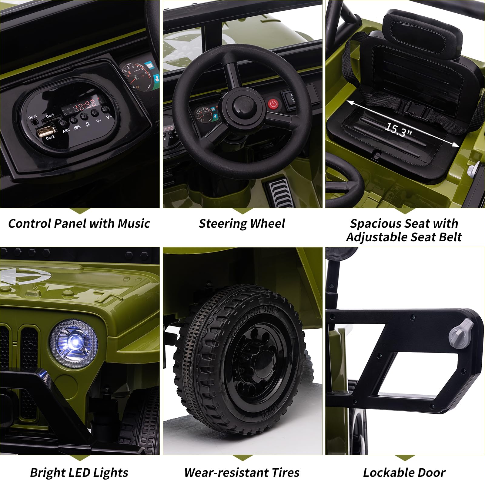 Garvee Ride - P Series: 12V Kids Ride On Truck Car, Remote Control, Spring Suspension, Multiple Speeds, LED Lights, Music, Safety Belt, Outdoor Adventure Toy for Kids 3+ Green