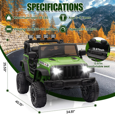 Garvee Ride - P Series: 12V Kids Electric Vehicles with Remote Control, 2 Speeds, Spring Suspension, LED Headlight, Bluetooth, Music, Battery Powered Car for Kids - Green