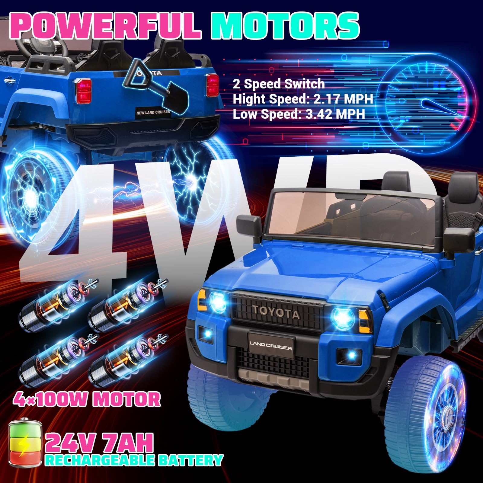 Garvee Ride P Series 24V 2 Seater Ride on Car, Garvee Licensed Toyota LC250 Ride on Toy for Big Kids with Remote Control, 4×100W Power 4 Wheels Ride on Truck with 4WD/2WD Switchable, Spring Suspension, Shovel, Music, Blue