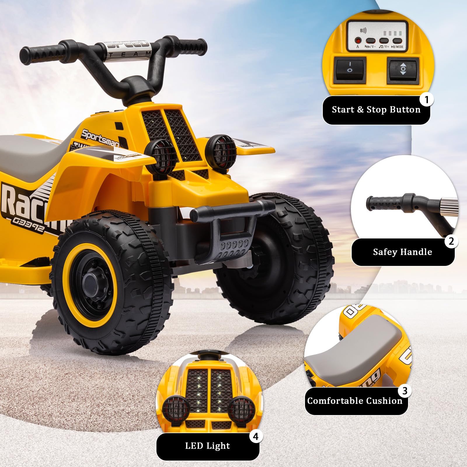 Garvee Ride - P Series: 6V Kids Ride On Electric ATV, Ride Car with LED Headlights, Ride-On Toy for Toddlers 1-3 Boys & Girls with Music, Forward & Reverse - Yellow