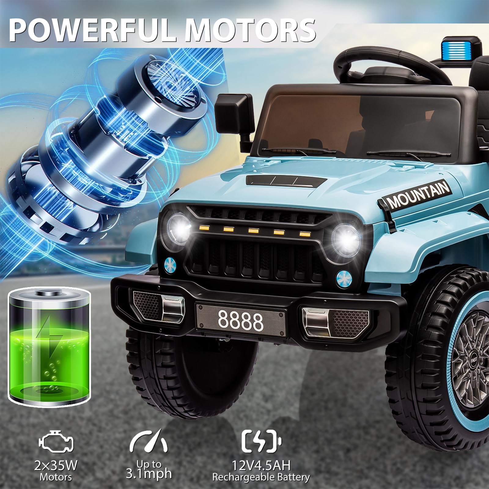Garvee Ride - P Series: 12V Kids Ride-On Truck For Age 3+, Remote Control, LED, Music, 3 Speeds - Blue