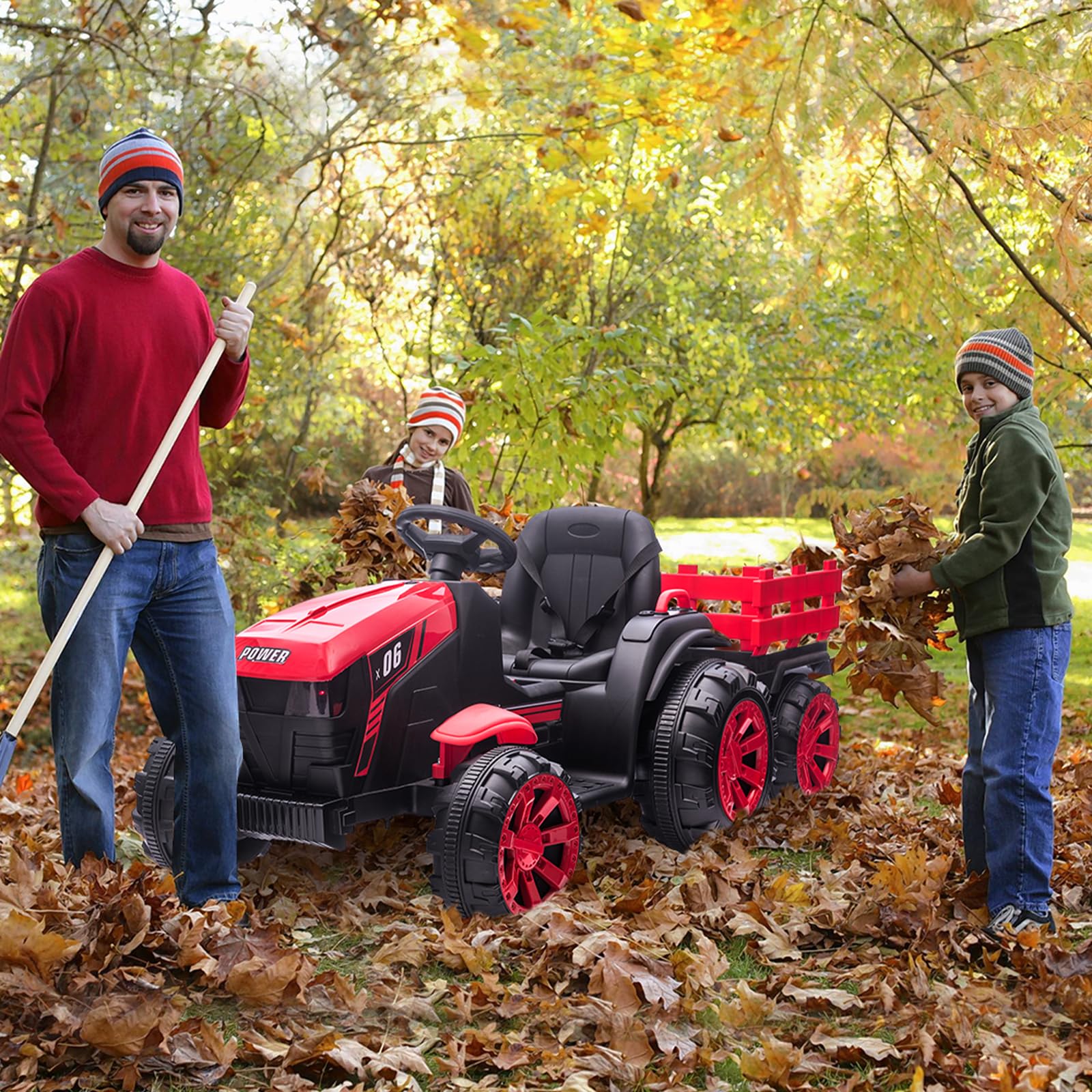 Garvee Ride - P Series: 12V Kids Ride On Tractor with Trailer, LED Lights for Boy Girl - Red