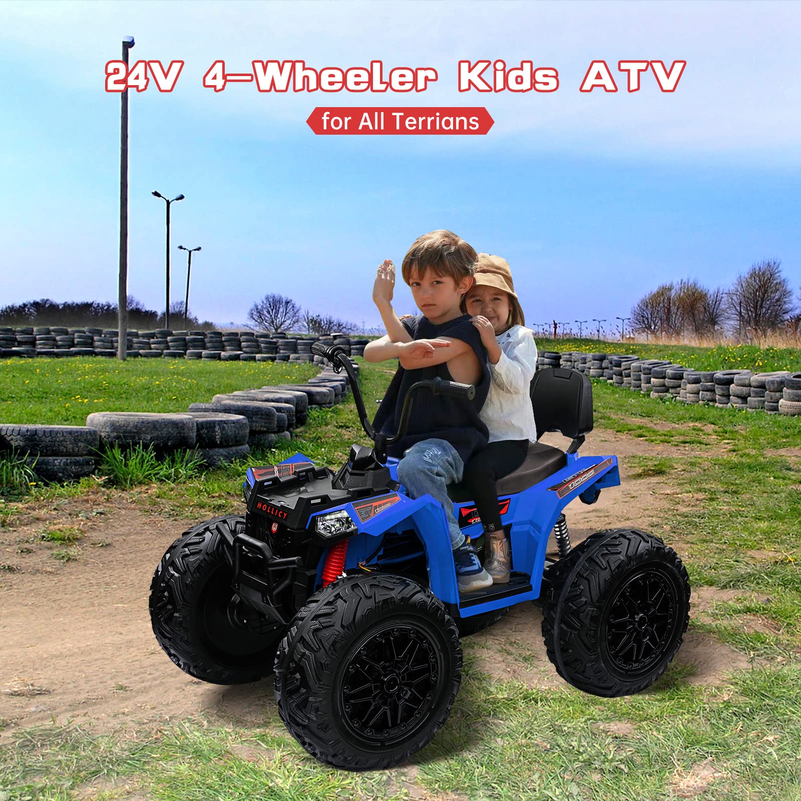 Garvee Ride - P Series: 24V Kids Quad ATV, Ride on Car 4WD Quad Electric Vehicle, 4x80W Powerful Engine, with 7AHx2 Large Battery, Accelerator Handle, EVA Tire, Full Metal Suspension, LED Light, Bluetooth&Music - Blue