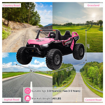 Garvee Ride - P Series: 24V 2-Seater Ride-On UTV: Remote Control, 4WD Motors, 21" Seats + Foldable Seat, 15.4" EVA Wheels, Music, LED Lights, 140lb Max Load - Pink