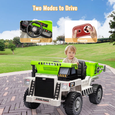 Garvee Ride - P Series: 12V Ride on Dump Truck with Remote Control, Electric Dump Bed, MP3 Player, USB Charger, All-Terrain Tires, Suitable for Indoor and Outdoor Play
