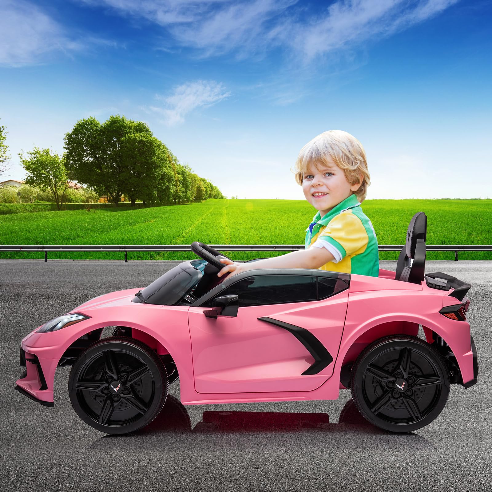 Garvee Ride - P Series: 12V Kids Ride on Car Licensed Corvette Battery Powered Car Toddles Electric Sports Car Toy with Remote Control, Visual Dashboard, LED Lights, Music, Gifts for Boys Girls, Pink