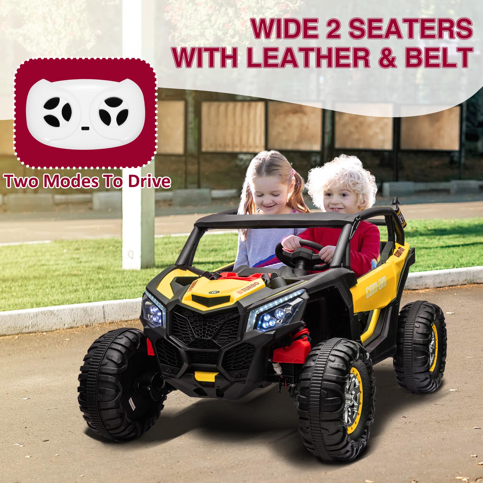 Garvee Ride - P Series: 24V 2 Seater Kids Ride on UTV Car For age 3+, w/Remote Control, 4WD Powerful Electric Vehicle with 4x75W Motors, 4 Shock Absorber, Leather Seat, Music and Light - Yellow
