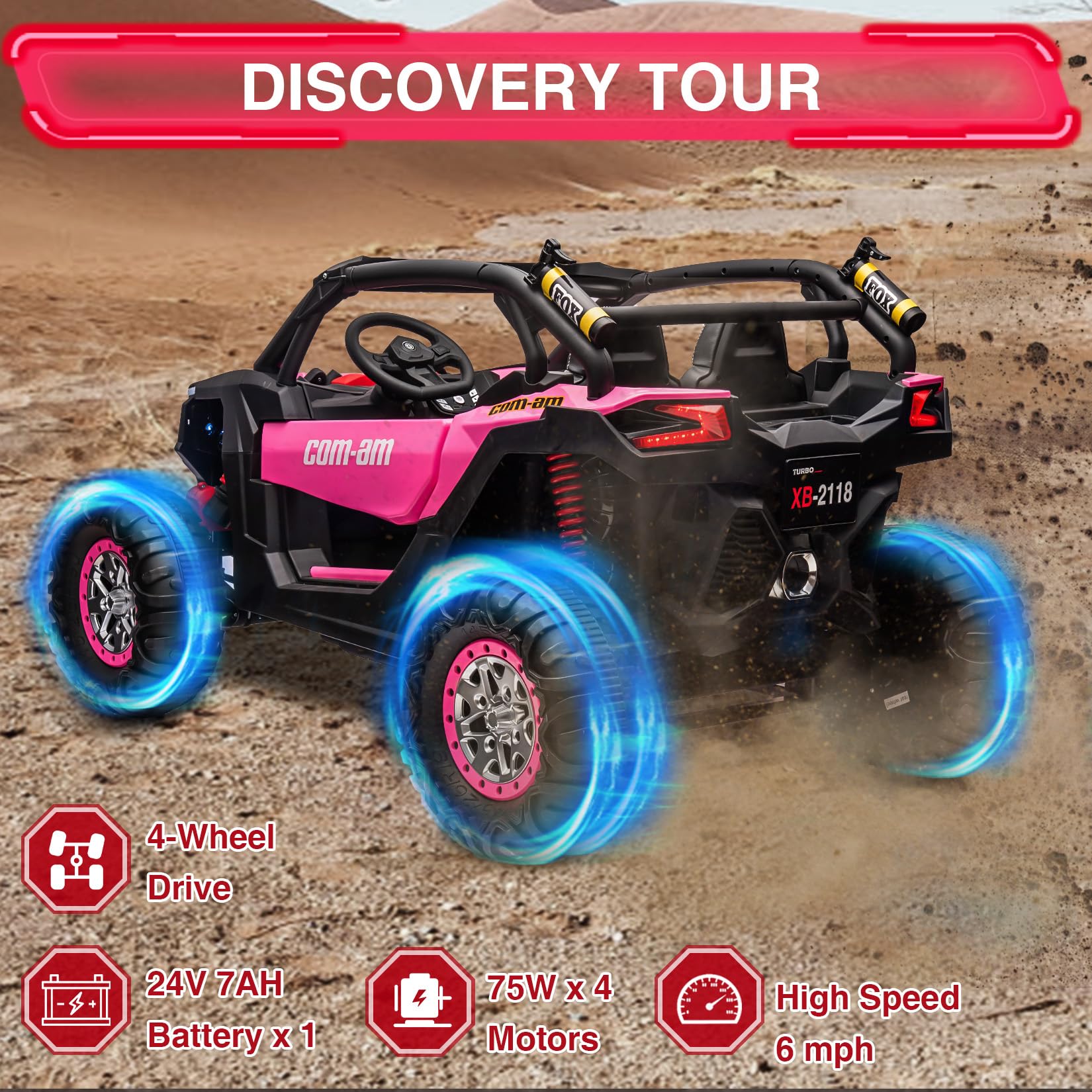 Garvee Ride - P Series: 24V 2 Seater Kids Ride on UTV Car For age 3+, w/Remote Control, 4WD Powerful Electric Vehicle with 4x75W Motors, 4 Shock Absorber, Leather Seat, Music and Light - Pink