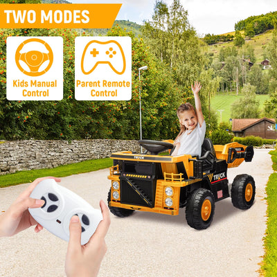 Garvee Ride - P Series: 12V Ride On Construction Vehicle for Kids With Remote Control, Electric Dump Bed,Shovel,Music Player, and Four Wheel Shock Absorption for Kids 3+(Yellow)
