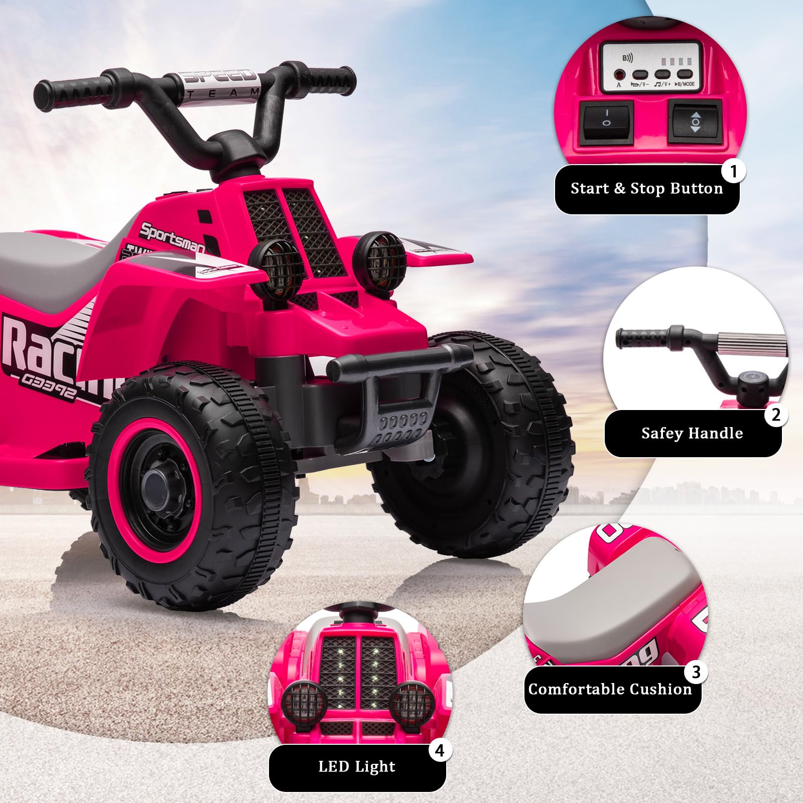 Garvee Ride - P Series: 6V Kids Ride On Electric ATV, Ride Car with LED Headlights, Ride-On Toy for Toddlers 1-3 Boys & Girls with Music, Forward & Reverse - Rose