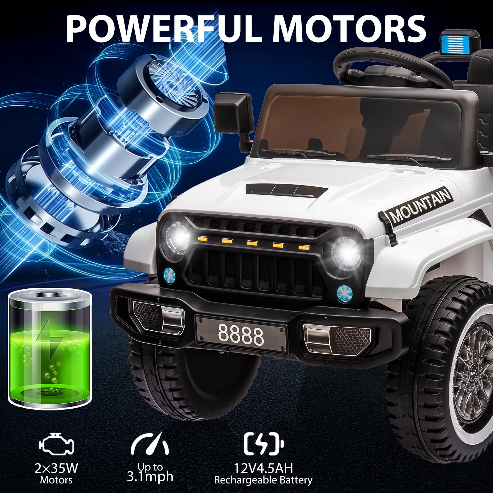 Garvee Ride - P Series: 12V Kids Ride-On Truck For Age 3+, Remote Control, LED, Music, 3 Speeds - White