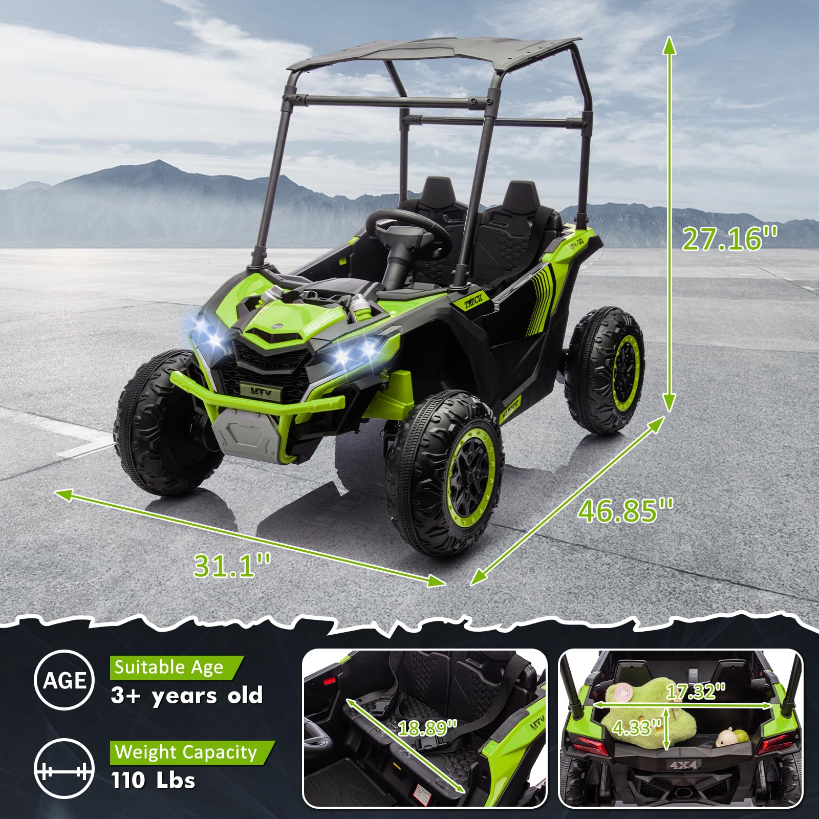 Garvee Ride - P Series: 24V Ride On Utv for Kids, 2 Seater Electric Truck With Sun Shade,4WD Electric Car Toy With Remote Control, Led Lights, 4 Shock Absorbersm,One Click Start, Music Player - Green