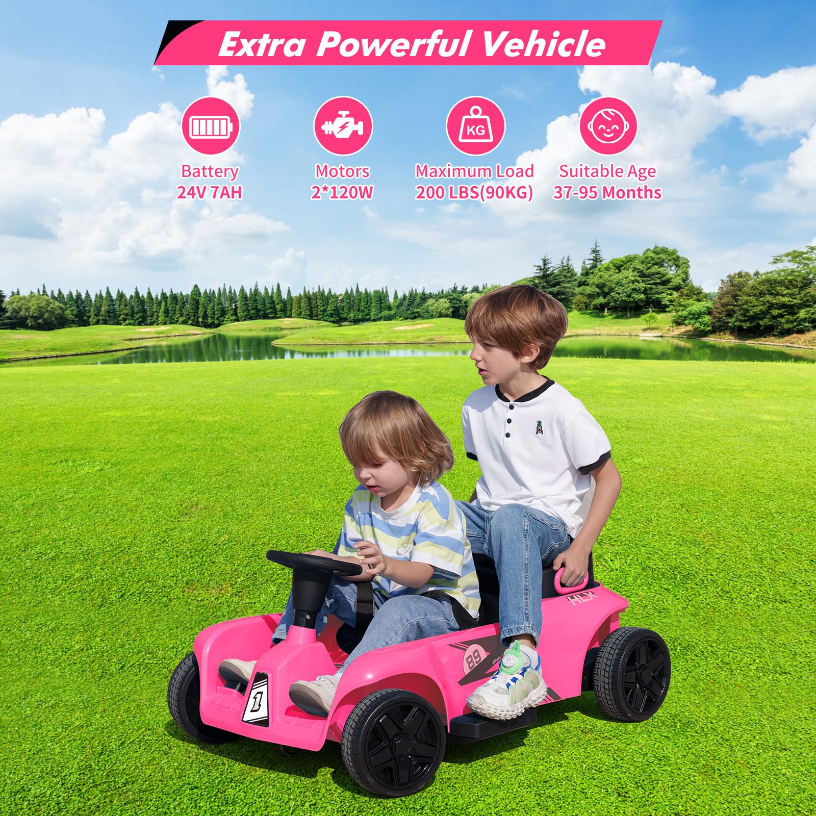 Garvee Ride - P Series: 2 Seaters 4-Wheelers Electric Ride On Toy for Kids, 24V 120W*2 Powerful Motors Max Load 200 Lbs, Two Driver Modes + Remote Control Modes for Toddlers Child with Music, USB, Storage Box, Pink-Color