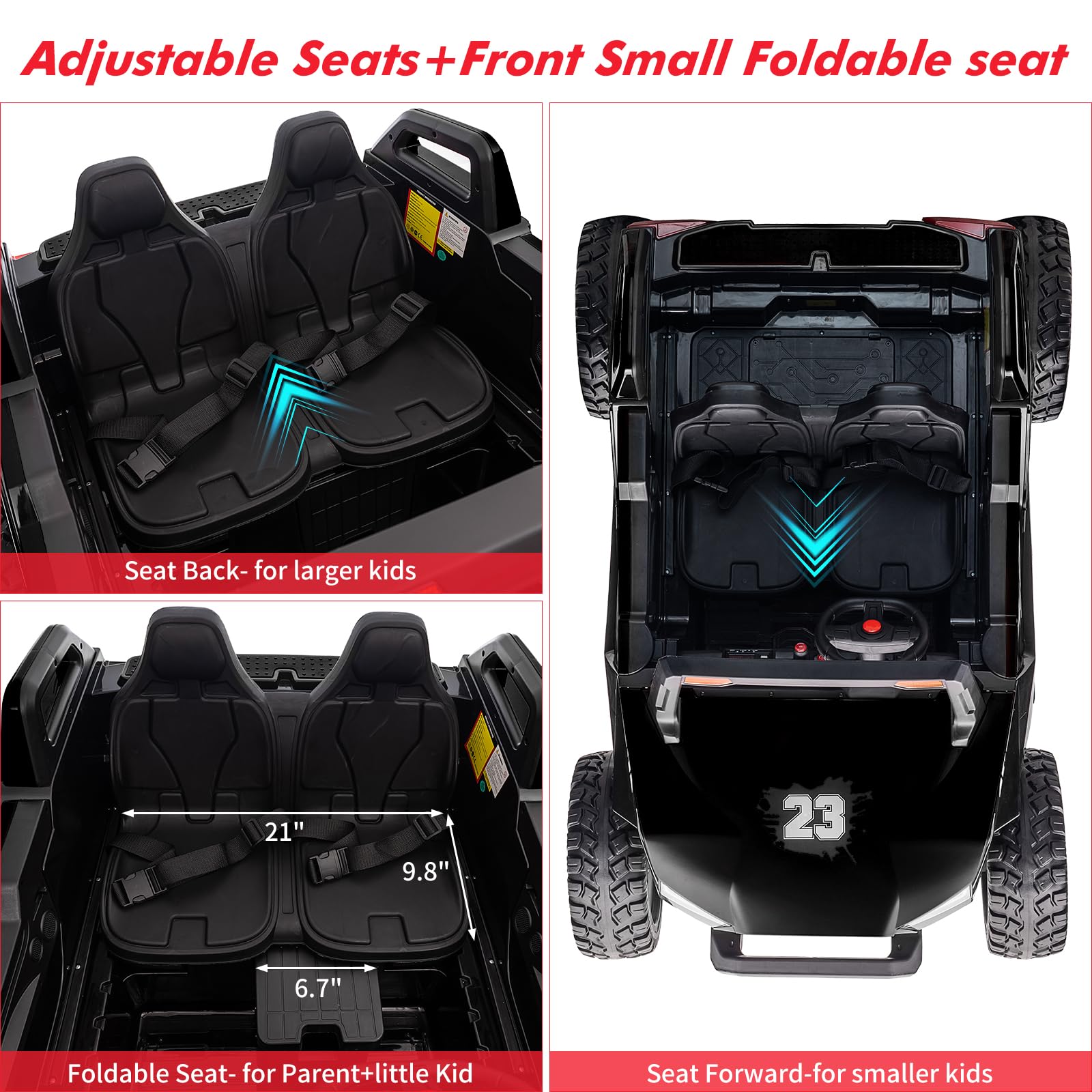 Garvee Ride - P Series: 24V 2-Seater Ride-On UTV: Remote Control, 4WD Motors, 21" Seats + Foldable Seat, 15.4" EVA Wheels, Music, LED Lights, 140lb Max Load - Black