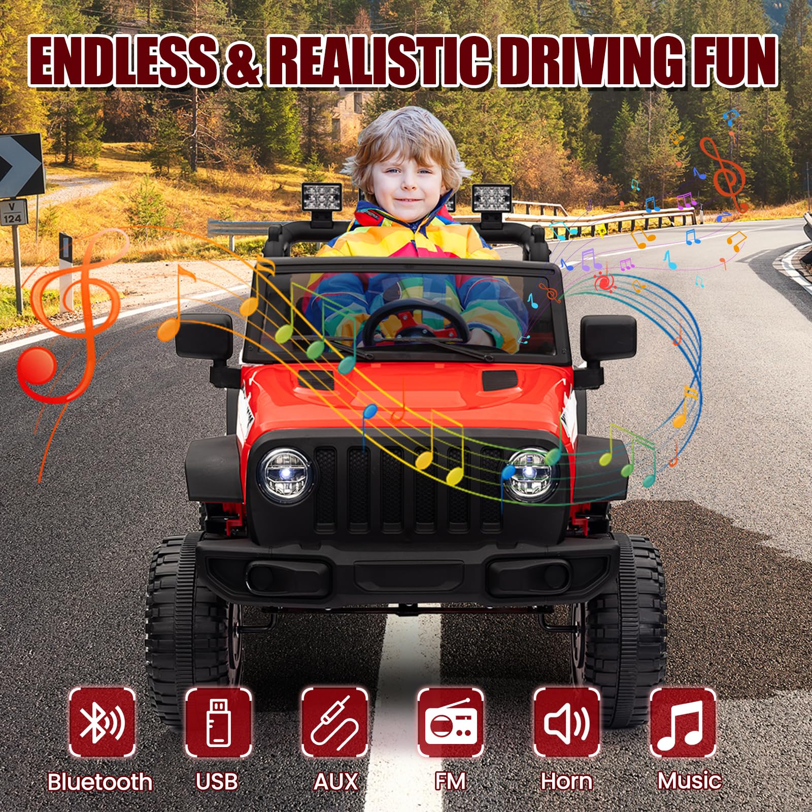 Garvee Ride - P Series: 12V Kids Electric Vehicles with Remote Control, 2 Speeds, Spring Suspension, LED Headlight, Bluetooth, Music, Battery Powered Car for Kids - Red