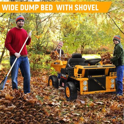 Garvee Ride - P Series: 12V Ride On Construction Vehicle for Kids With Remote Control, Electric Dump Bed,Shovel,Music Player, and Four Wheel Shock Absorption for Kids 3+(Yellow)