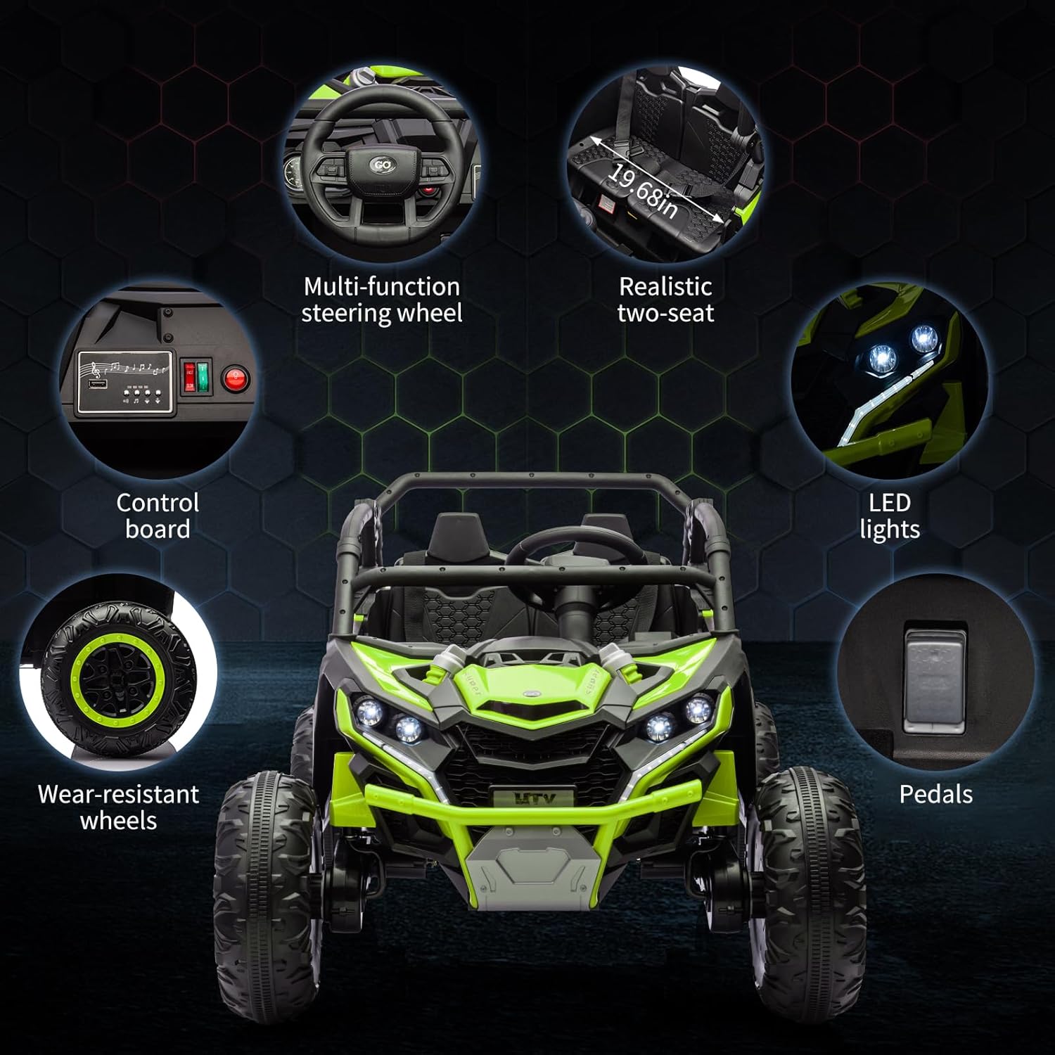 Garvee Ride - P Series: 24V Ride On Utv For Kids,2 Seater 4WD Electric Truck With Remote Control, High And Low Speed Adjustment, Led Lights,4-wheel shock absorption,One Click Start, Music Player (Green)