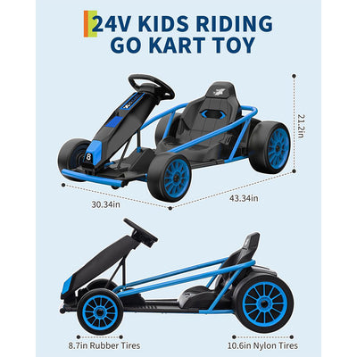 Garvee 24V 9Ah Kids Ride On Go Kart Toy,High Speed 8.1MPH Drifting Car with 2x300W Motors,14.3" XL Seat,Full Metal Frame,Music,Power Display,Max Load 155Lbs Racing for Kids 8-12 Years - Blue