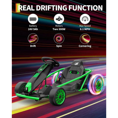 Garvee24V 9Ah Kids Ride On Go Kart Toy,High Speed 8.1MPH Drifting Car with 2x300W Motors,14.3" XL Seat,Full Metal Frame,Music,Power Display,Max Load 155Lbs Racing for Kids 8-12 Years - Green