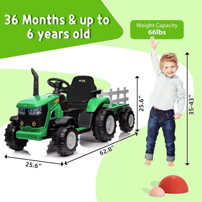 Garvee Ride - P Series: 12V Ride On Car with Trailer, Battery Powered Electric Vehicle Toy 35W Dual Motor, Led Lights, Horn, Music USB, Safety Belt, Green