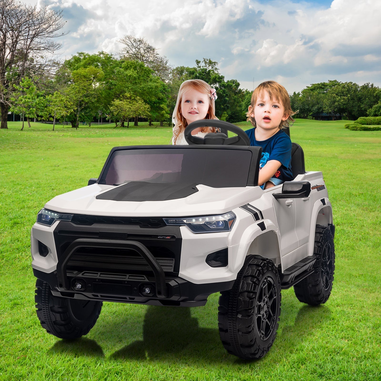 Garvee Ride - P Series: 24V Kids Ride On Car 2 Seater Electric Ride On Toy for Toddlers Battery Powered Truck Car With Remote Control, Battery Display, Handle, Trunk, LED Lights, Music (White)