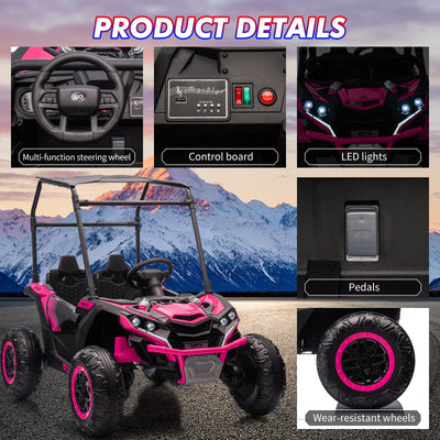 Garvee Ride - P Series: 24V Ride On Utv for Kids, 2 Seater Electric Truck With Sun Shade,4WD Electric Car Toy With Remote Control, Led Lights, 4 Shock Absorbersm,One Click Start, Music Player - Rose