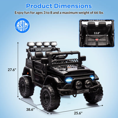 Garvee Ride - P Series: 12VElectric Ride on Truck Car For Kids Age 3+, Remote Control, Twin 25W Motors 3.1MPH Max Speed, Bluetooth USB Music Player, 4 Wheels Suspension LED Lights Safety Belt, Gift for Boy & Girl -Black