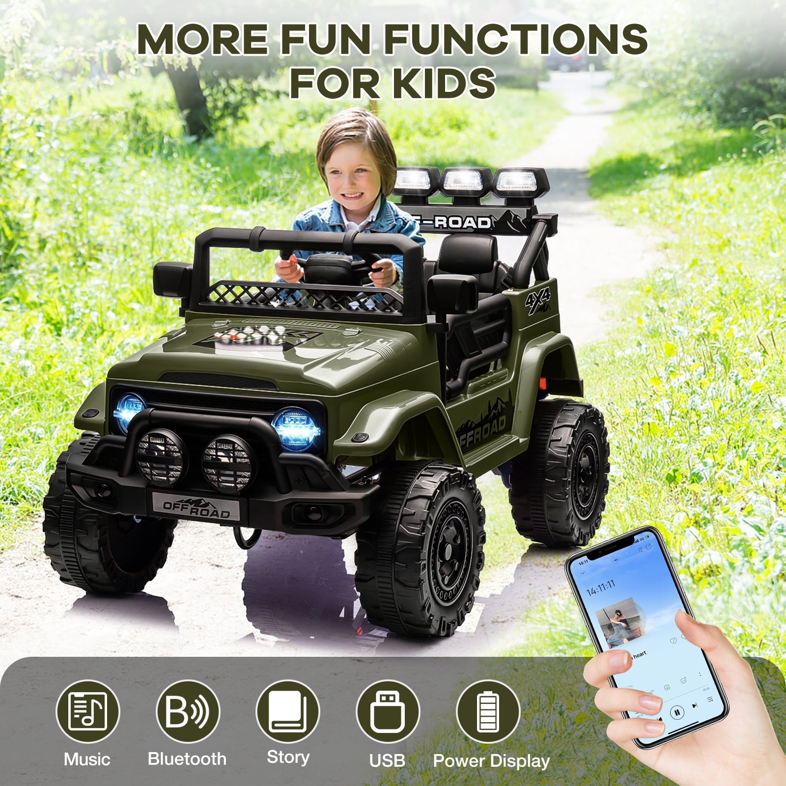 Garvee Ride - P Series: 12V Electric Ride on Truck Car For Kids Age 3+, Remote Control, Twin 25W Motors 3.1MPH Max Speed, Bluetooth USB Music Player, 4 Wheels Suspension LED Lights Safety Belt, Gift for Boy & Girl - Green