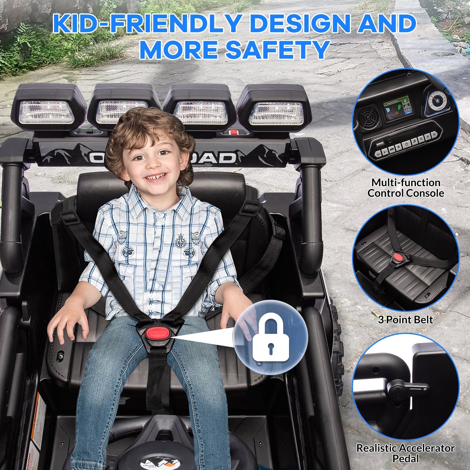 Garvee Ride - P Series: 12VElectric Ride on Truck Car For Kids Age 3+, Remote Control, Twin 25W Motors 3.1MPH Max Speed, Bluetooth USB Music Player, 4 Wheels Suspension LED Lights Safety Belt, Gift for Boy & Girl -Black