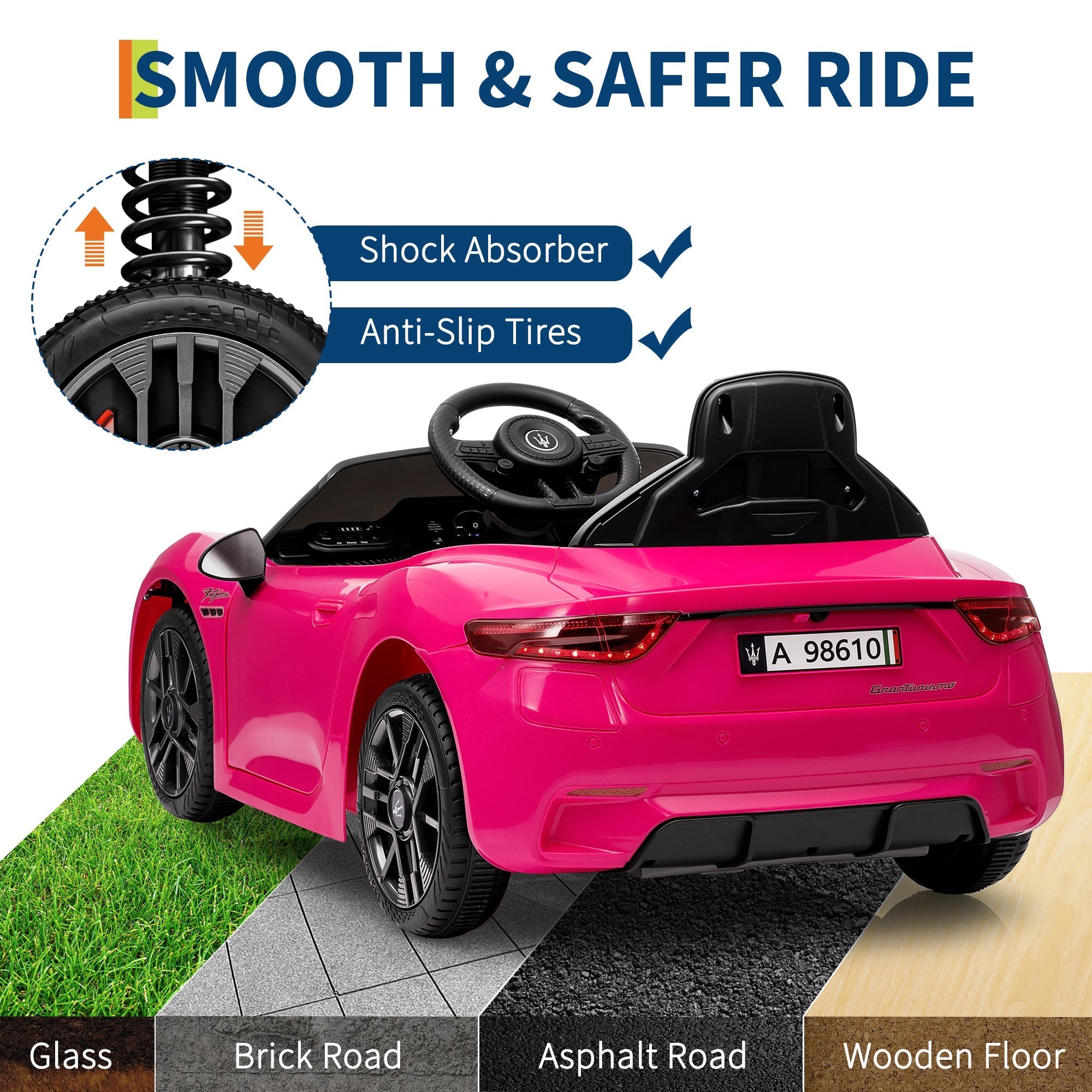 Garvee Ride - P Series: 12V Battery Powered Motorized Car for Kids with Remote Control, Spring Suspension, Double Doors, Bright Lights, 4 Wheel Electric Vehicle, Pink