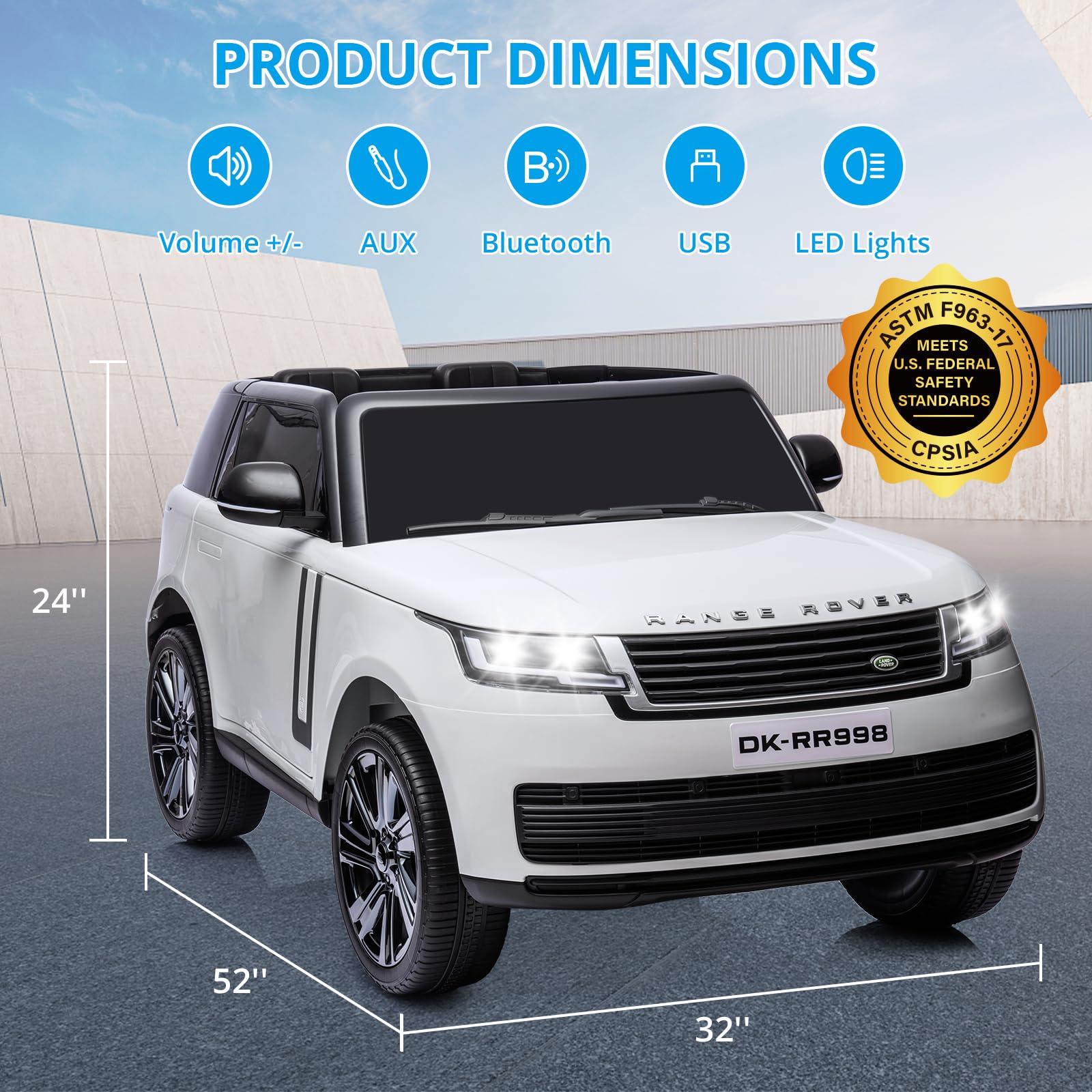 Garvee Ride - P Series: 24V 2-Seater Land Rover Ride-On Car For age 3+, With MP3, 3 Speeds, Remote Control, LED, 4-Wheel Suspension - White