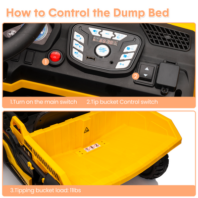 Garvee Ride - P Series: 24V Ride On Dump Truck, 2 Seater Electric Cars for Kids with Remote Control, Dump Bed, Shovel, Music, Led, Wheel Shock Absorption,Ride On Construction Vehicle Four- for Kids 3+,Yellow