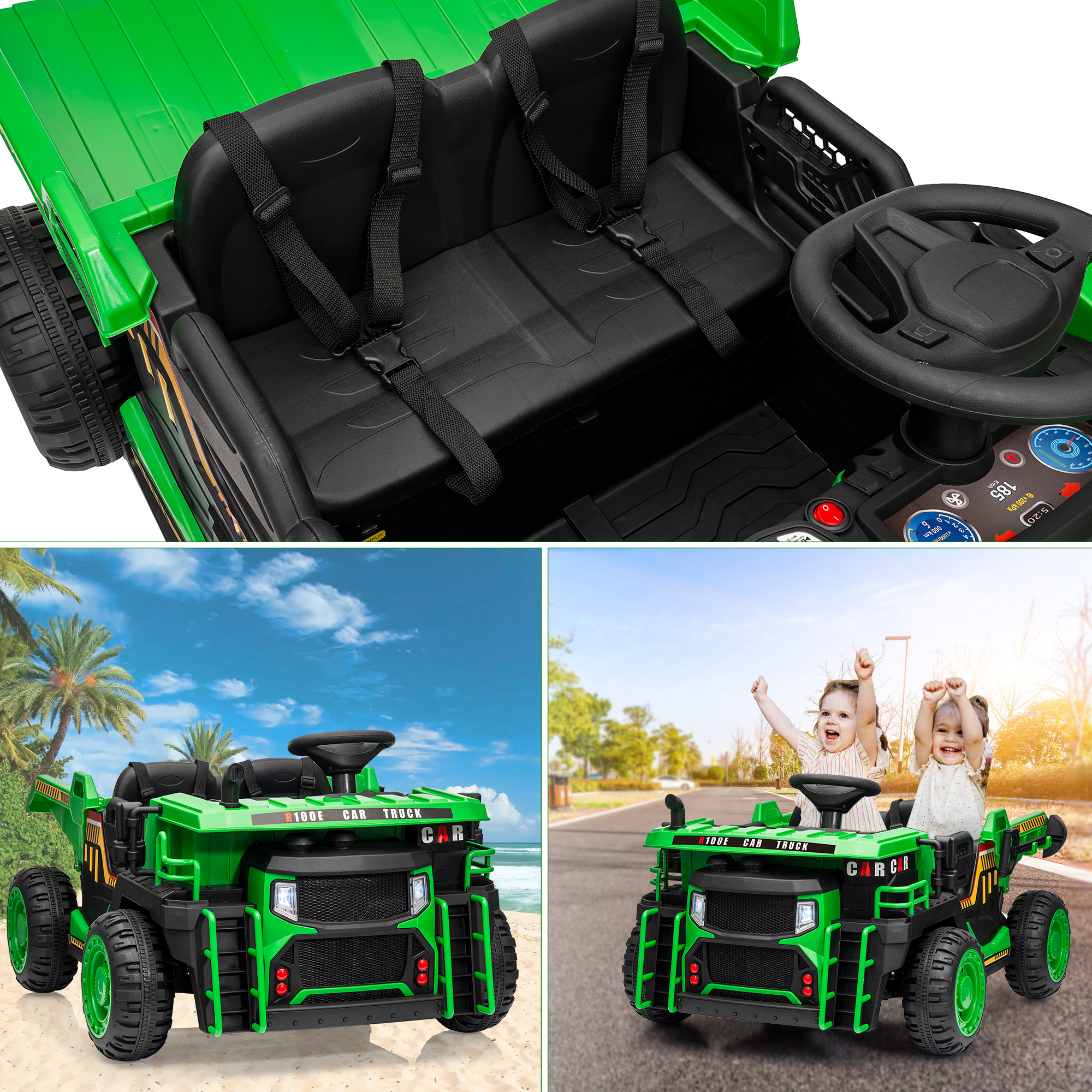 Garvee Ride - P Series: 24V Ride On Dump Truck, 2 Seater Electric Cars for Kids with Remote Control, Dump Bed, Shovel, Music, Led, Wheel Shock Absorption,Ride On Construction Vehicle Four- for Kids 3+,Green